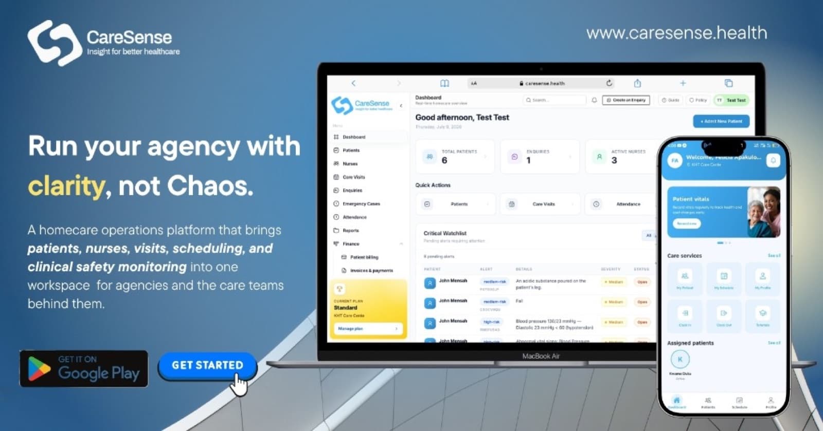 CareSense website, Run your agency with clarity, not chaos