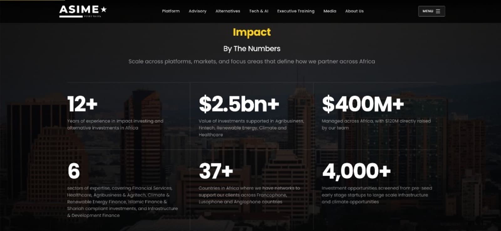 ASIME Partners website, Impact, by the numbers, on a platform built for Africa