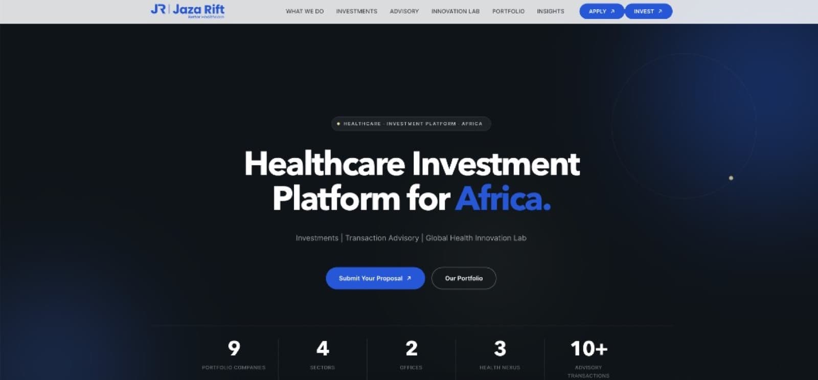 Jaza Rift website, Healthcare investment platform for Africa